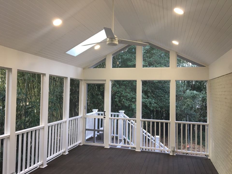 University Park, MD - This screened in completely wrapped in PVC material . The flooring is the trex porch flooring , the handrails are the high quality Intek handrails, the ceiling is PVC beaded ceiling . The recess lights are LED and the fan provides about 3600 CFM of air which is more than sufficient for this porch. University Park, MD - This screened in completely wrapped in PVC material . The flooring is the trex porch flooring , the handrails are the high quality Intek handrails, the ceiling is PVC beaded ceiling . The recess lights are LED and the fan provides about 3600 CFM of air which is more than sufficient for this porch.