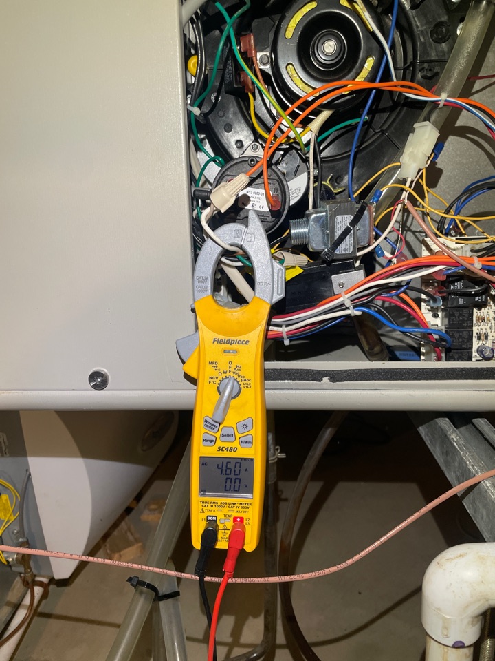 North Beach, MD - Measuring amp draw to a blower motor on a 90% LP furnace to ensure the motor is working efficiently North Beach, MD - Measuring amp draw to a blower motor on a 90% LP furnace to ensure the motor is working efficiently
