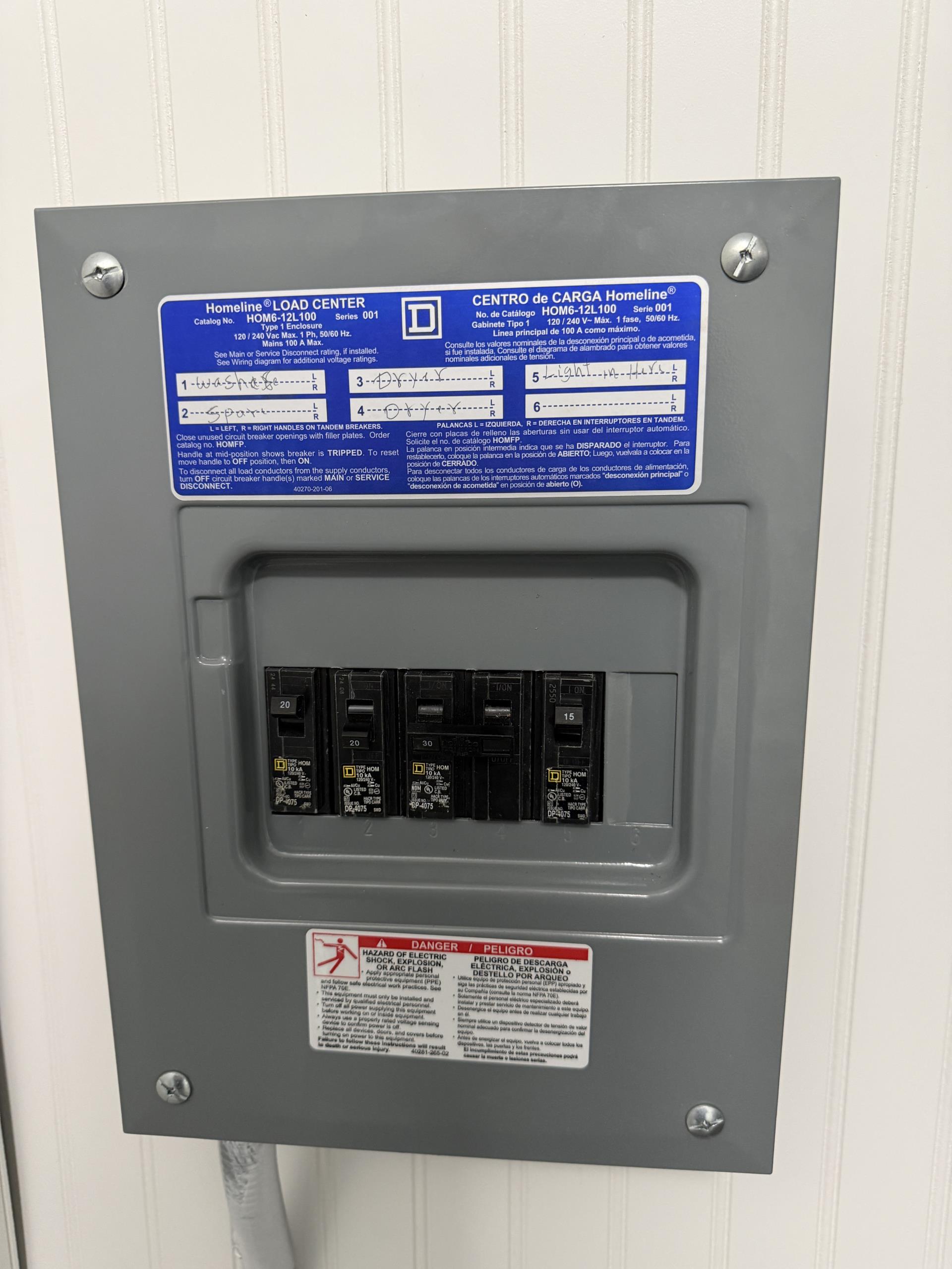 I installed a new service entrance feeder cable to the existing subpanel, ensuring it was sized for a 100–125 amp subpanel. A new 100-amp circuit breaker was added to the main electrical panel, with all necessary terminations and connections made. Two dedicated circuits were installed in the addition area, with all wiring routed in conduit according to electrical standards. The existing 15-amp receptacle for the washer and dryer was replaced with a 20-amp one. All installed equipment and circuits were tested to confirm proper operation and functionality.