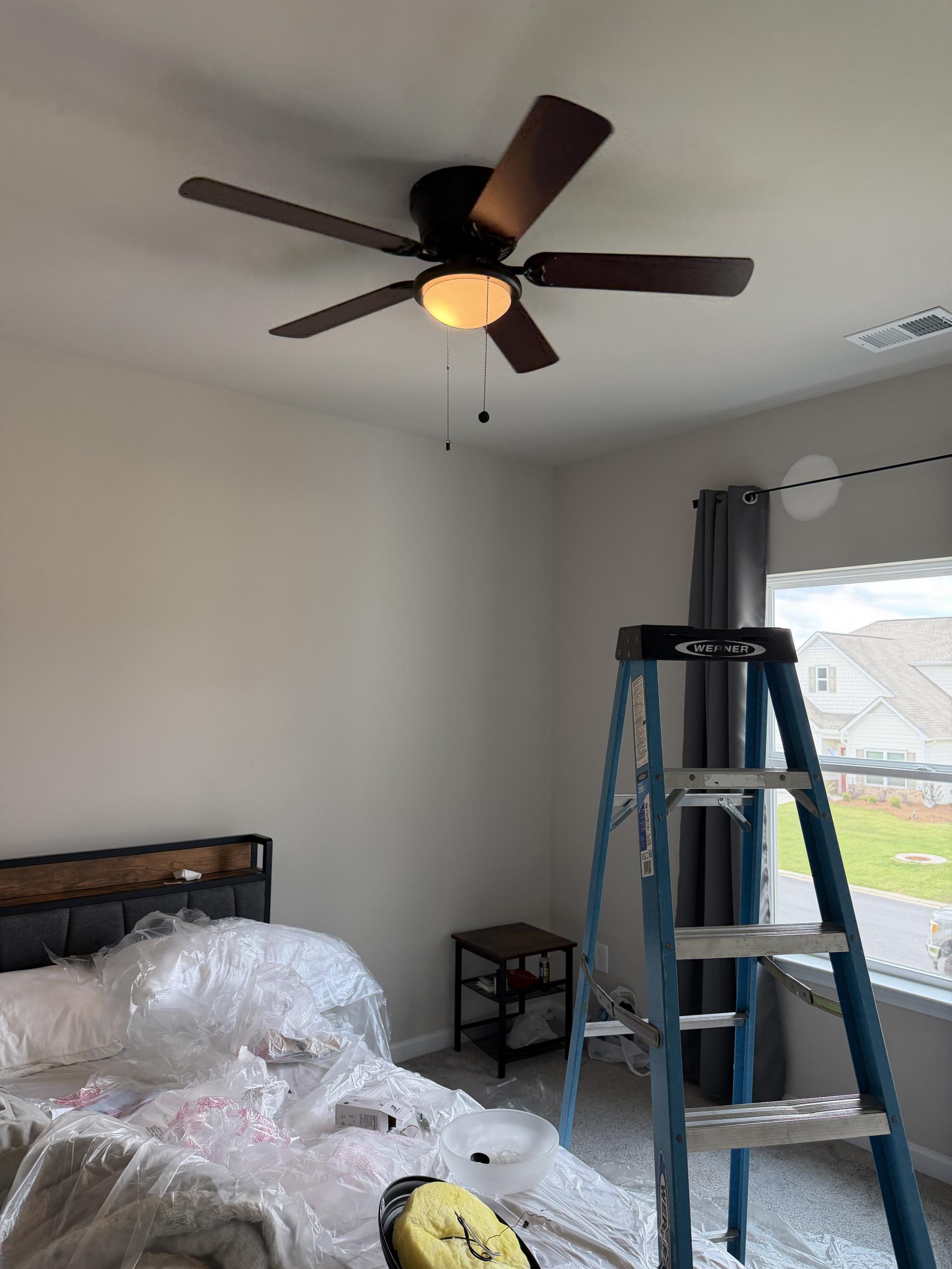 I carefully removed three existing light fixtures from the bedrooms, ensuring no damage to the ceiling or walls. Each new ceiling fan/light combination was meticulously mounted, with precise wiring to meet safety standards. After installation, I conducted thorough tests on each fixture to confirm safe operation and full functionality. The new fixtures not only enhance the room aesthetics but also provide improved lighting and air circulation.