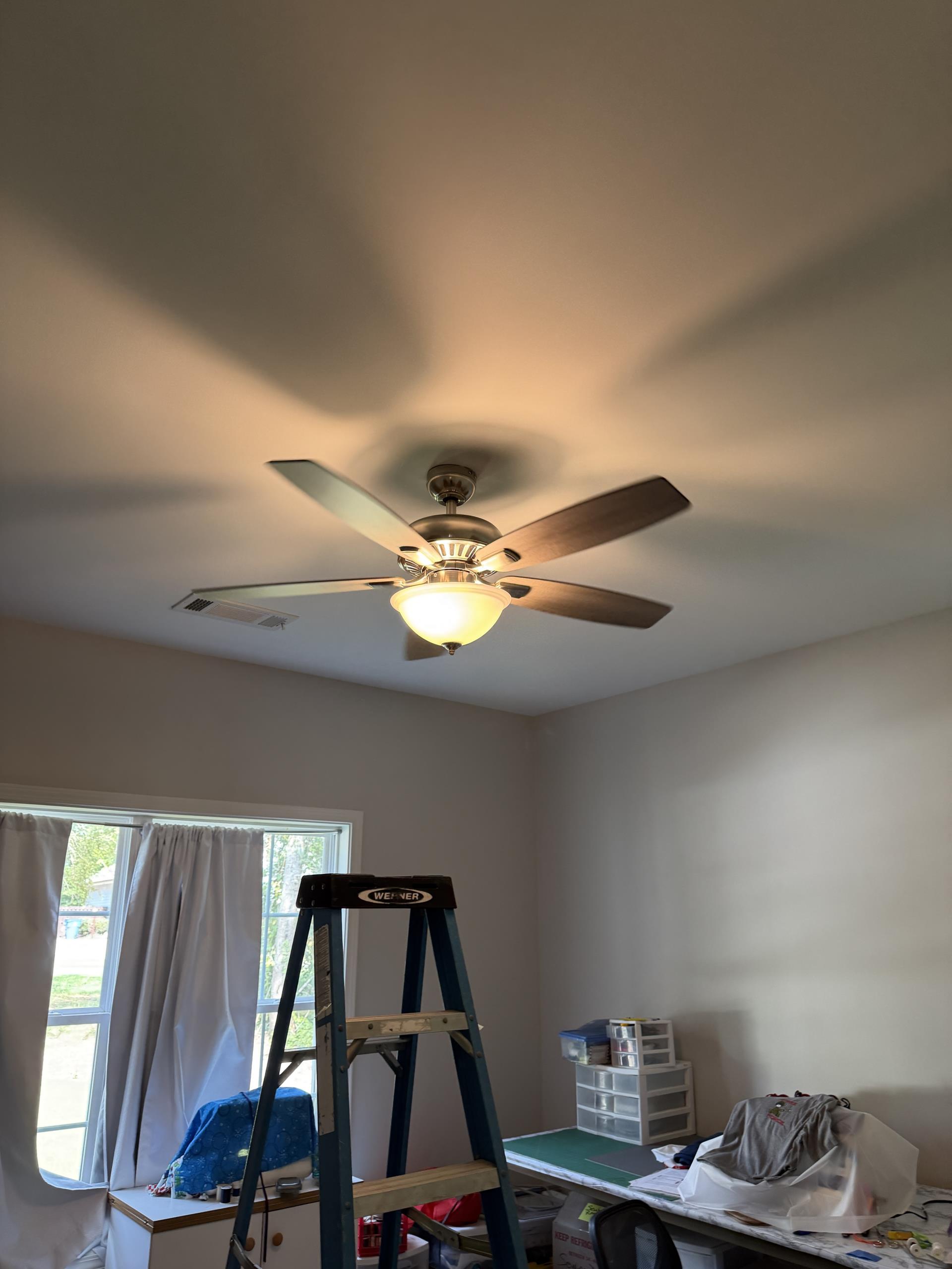I installed two ceiling fans provided by the customer, connecting each to existing 120-volt switched lighting circuits. The installation involved mounting, wiring, securing, and testing each fan for proper and safe operation. This work was suitable for ceiling heights up to 9–10 feet. I inspected existing junction boxes to ensure they were properly rated and supported for ceiling fan installation. Additional charges applied if any junction boxes needed replacement, reinforcement, or upgrading.