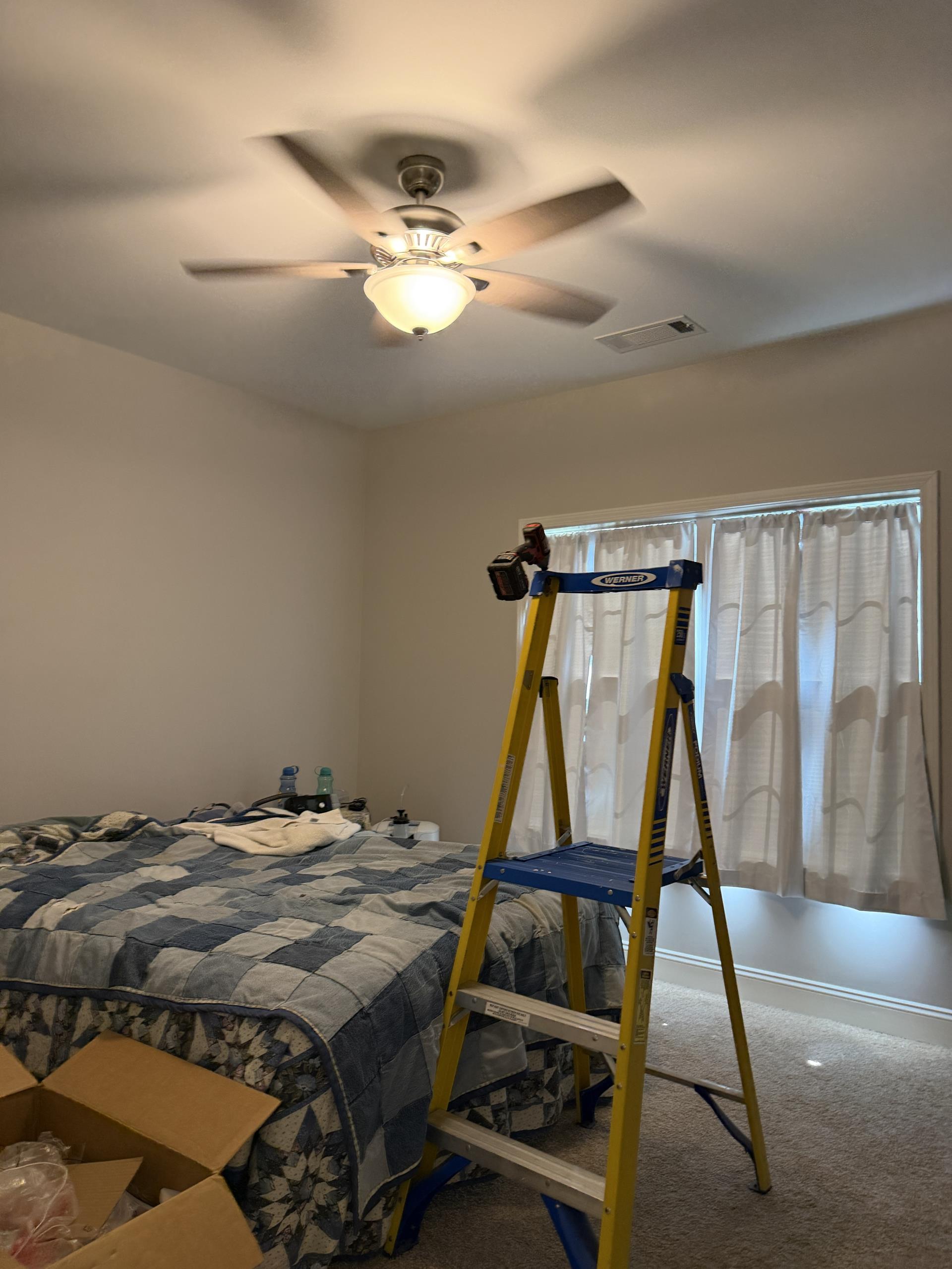 I installed two ceiling fans provided by the customer, connecting each to existing 120-volt switched lighting circuits. The installation involved mounting, wiring, securing, and testing each fan for proper and safe operation. This work was suitable for ceiling heights up to 9–10 feet. I inspected existing junction boxes to ensure they were properly rated and supported for ceiling fan installation. Additional charges applied if any junction boxes needed replacement, reinforcement, or upgrading.