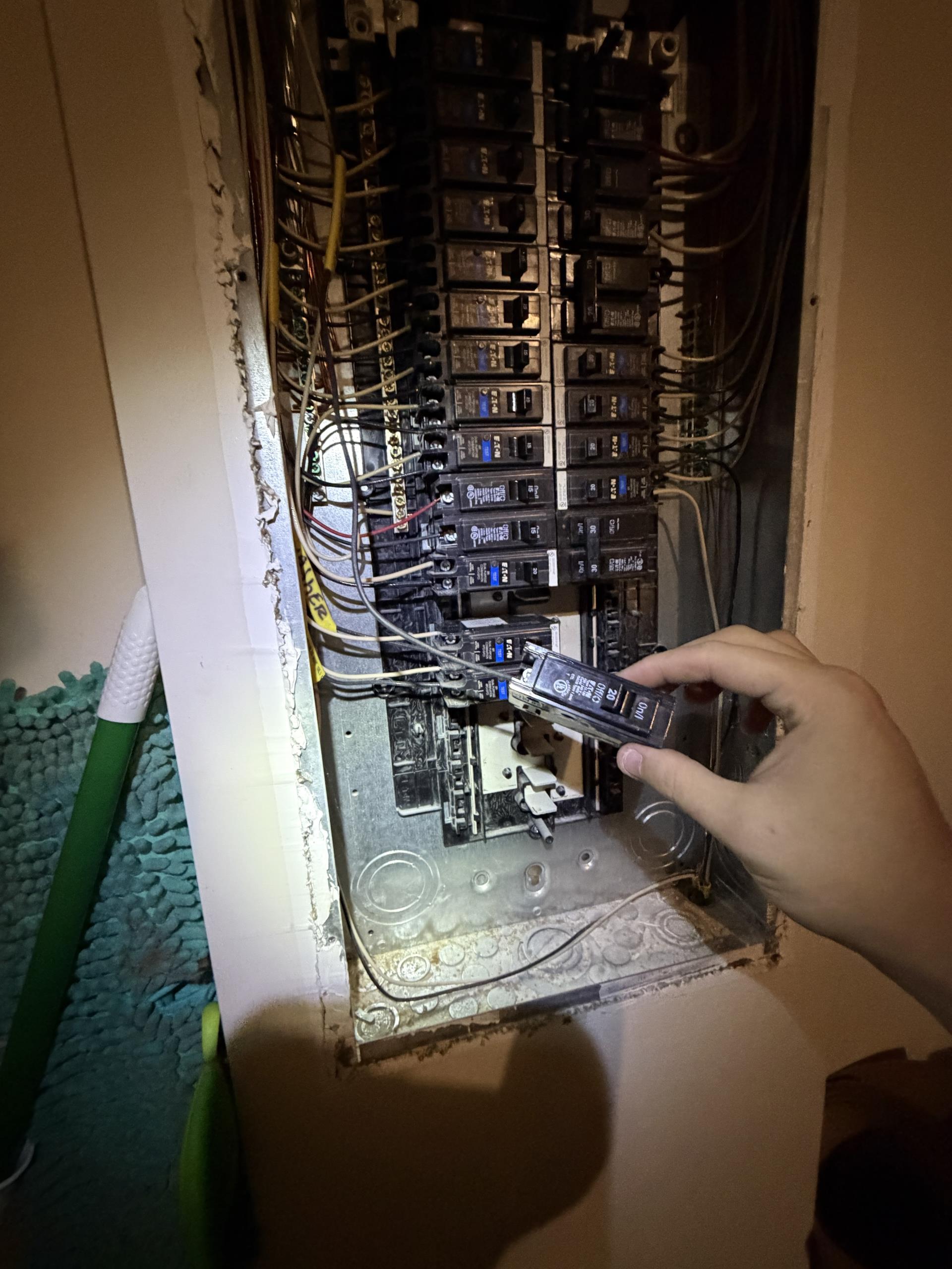 I installed a new 20-amp, 120-volt single-pole circuit breaker, ensuring it was securely connected to the existing branch circuit wiring and panel busbar. I inspected the electrical panel and existing breakers, verified proper wire sizing, and checked grounded and ungrounded conductor terminations. The old receptacle was removed and replaced with a new 20-amp receptacle. All connections were properly terminated, secured, and tested to ensure safe and reliable operation.