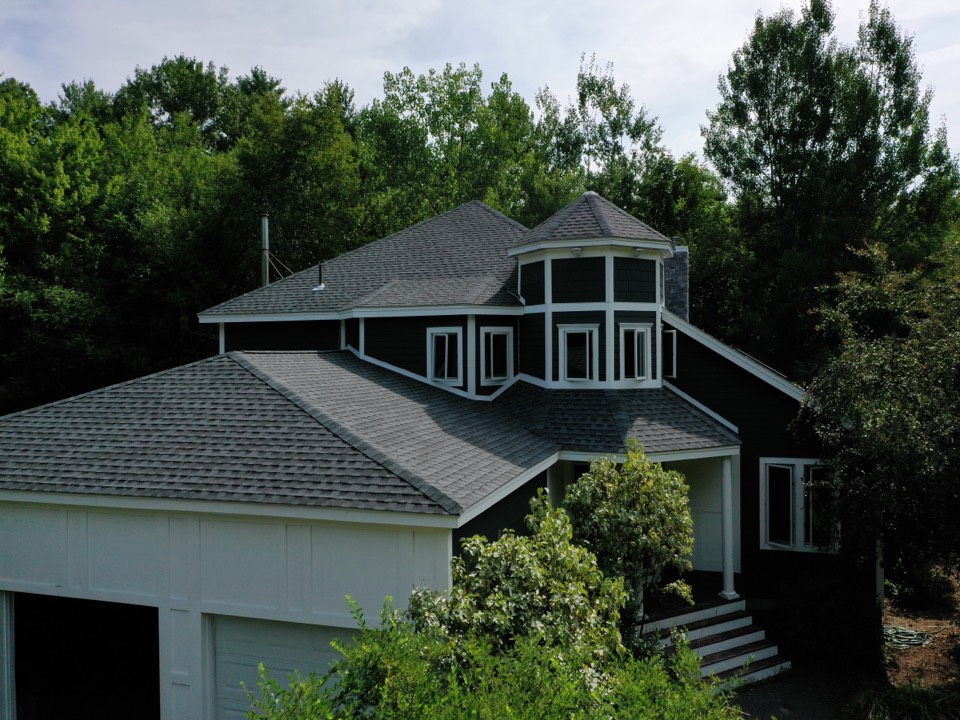 Princeton, MA - Installed James Hardie Cedarmill Select Siding in Iron Gray, James Hardie Straight Edge Shingle in Iron Gray, James Hardie Board and Batten in Iton Gray, CertainTeed Stone Facade in Adirondack Snowfall. PVC Trim Princeton, MA - Installed James Hardie Cedarmill Select Siding in Iron Gray, James Hardie Straight Edge Shingle in Iron Gray, James Hardie Board and Batten in Iton Gray, CertainTeed Stone Facade in Adirondack Snowfall. PVC Trim