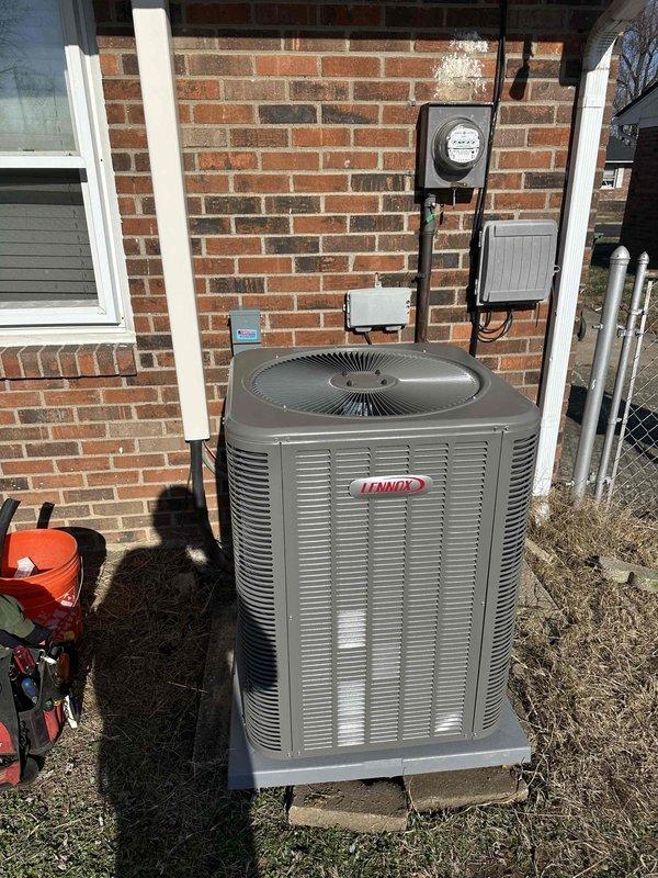 Successfully installed a new 2-ton Lennox 15.5 SEER air conditioning condensing unit with matching coil. Positioned unit on concrete pad against exterior wall, connected refrigerant lines, and ensured proper electrical connections. System was tested for proper operation and is functioning as designed.