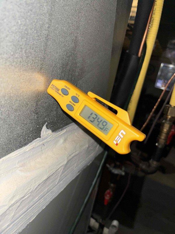 Responded to no-heat call for system over 10 years old that wouldn't stay operational. Diagnostic testing revealed excessive frost buildup with surface temperature reading of 134.5°F. Replaced contaminated 16x25x1 air filter which was restricting proper airflow and causing system to cycle off prematurely. Restored normal heating function and verified proper operation before completing service.