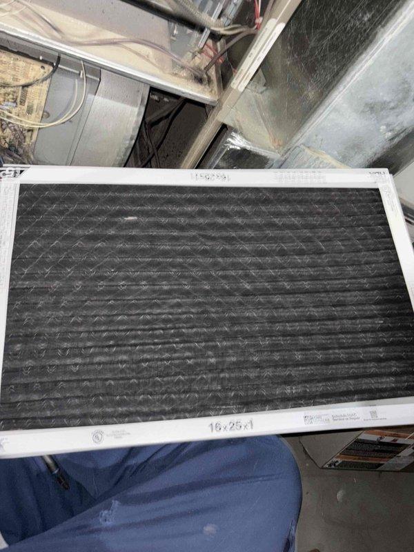 Responded to no-heat call for system over 10 years old that wouldn't stay operational. Diagnostic testing revealed excessive frost buildup with surface temperature reading of 134.5°F. Replaced contaminated 16x25x1 air filter which was restricting proper airflow and causing system to cycle off prematurely. Restored normal heating function and verified proper operation before completing service.