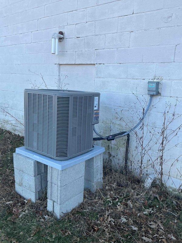 Performed annual planned maintenance on HVAC system installed 6/13/25. Inspected indoor air handler with P-trap drainage configuration and outdoor condensing unit mounted on concrete block base. Checked and confirmed proper operation of condensate drainage system including PVC piping and connections. System has 16x25x5 filter size; customer not renewing maintenance agreement at this time.