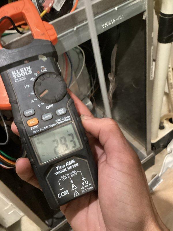 Completed monthly maintenance service on 6-year-old Gold Level system. Performed amperage testing on unit, recording 7.93 amps with Klein Tools CL800. Inspected and verified supply air temperature at 54.7°F, indicating proper cooling performance. System is functioning within normal parameters despite age.