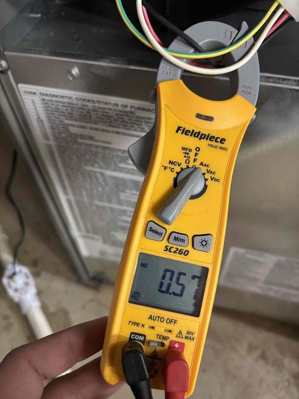 Conducted Platinum Level maintenance service on 1 HVAC system. Performed comprehensive inspection of fan assembly, confirming proper operation with no visible damage or excessive wear. Electrical diagnostic testing completed using clamp meter, measuring voltage draw at 0.5, which falls within acceptable operational parameters. All components functioning correctly after service.