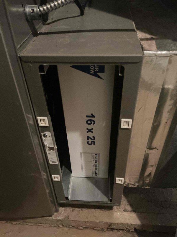 Performed scheduled 6-month maintenance on HVAC system with 16x25x5 filter replacement. Inspected filter housing unit and air handling equipment for proper operation. Verified thermostat functionality, confirming all system controls and smart features were operating correctly.