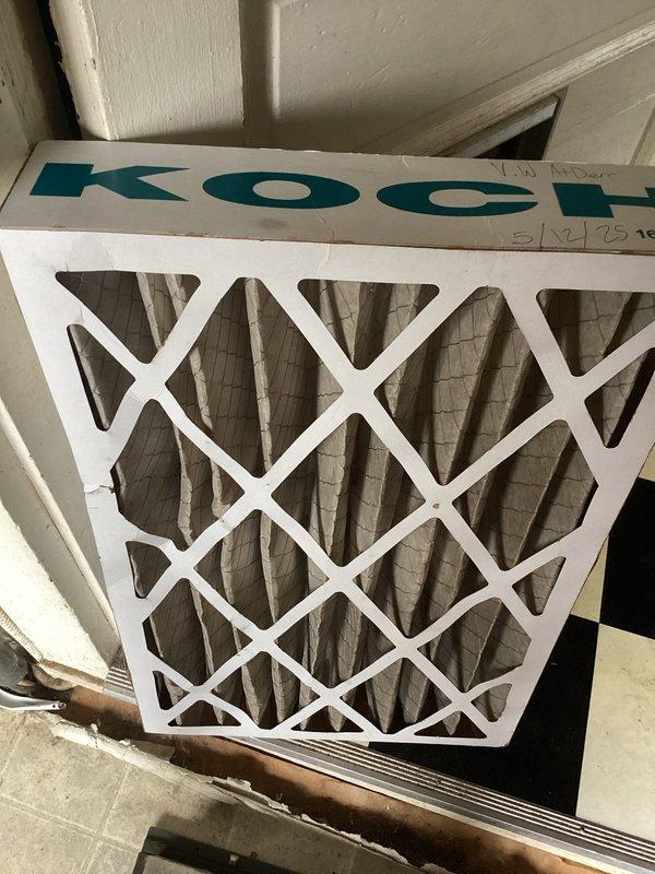 Performed routine platinum-level maintenance on HVAC system. Replaced heavily soiled 16x25x5 air filter (KOCH brand) which showed significant dust accumulation. Inspected blower motor assembly and electrical connections, noting normal dust buildup but all wiring (red, green, yellow, white) remained secure and functional.
