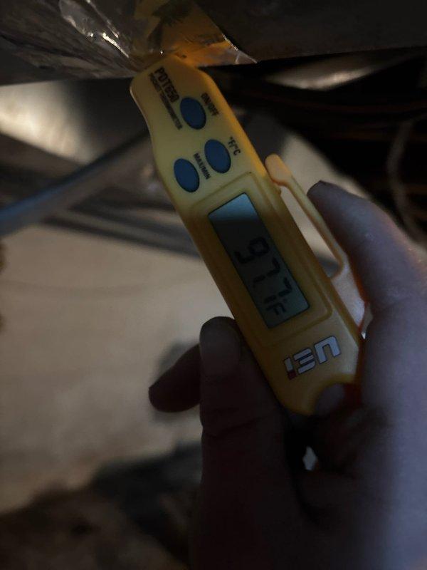 Heat strip circuit breaker malfunction diagnosed during service call. Temperature readings verified system operation at 37.7°F using UEi measurement device. Replacement breaker for heat strip has been ordered and will be installed upon arrival.