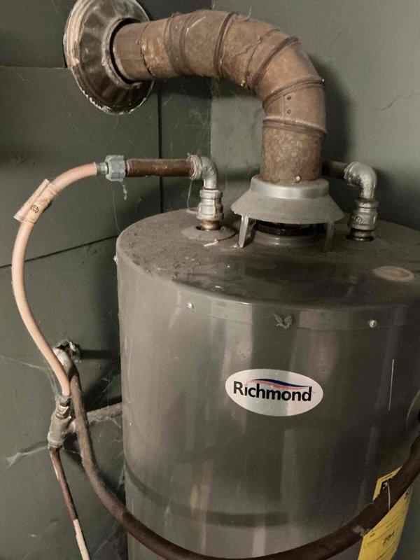Conducted a comprehensive inspection of customer's aging 40-gallon Richmond gas water heater. Identified significant oxidation and discoloration on the copper ventilation pipe, showing signs of wear and potential future failure points. Provided estimate for replacement options to address both current deterioration and improve system efficiency. Customer works nights; follow-up scheduled for Tuesday morning or early Wednesday.