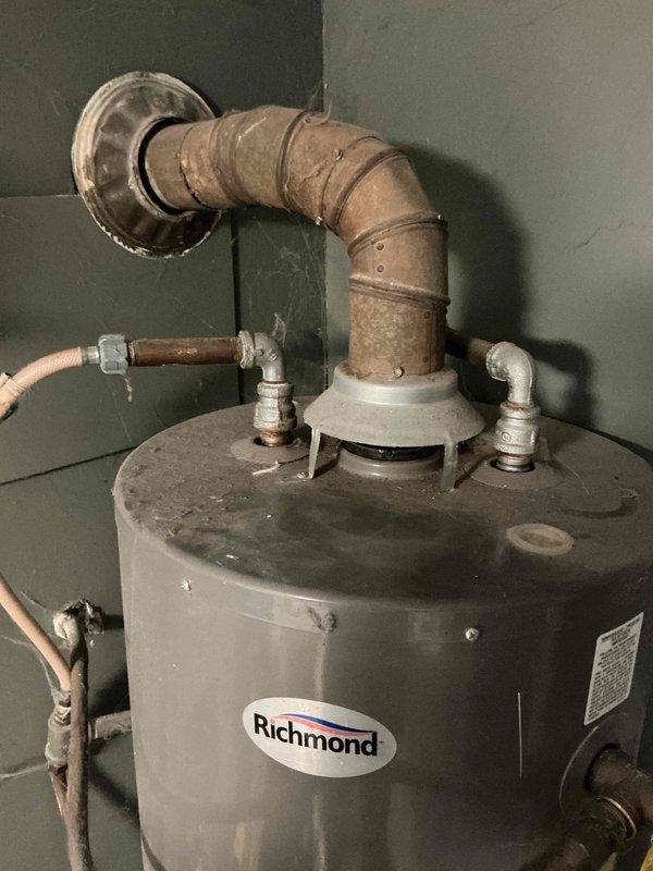 Conducted a comprehensive inspection of customer's aging 40-gallon Richmond gas water heater. Identified significant oxidation and discoloration on the copper ventilation pipe, showing signs of wear and potential future failure points. Provided estimate for replacement options to address both current deterioration and improve system efficiency. Customer works nights; follow-up scheduled for Tuesday morning or early Wednesday.