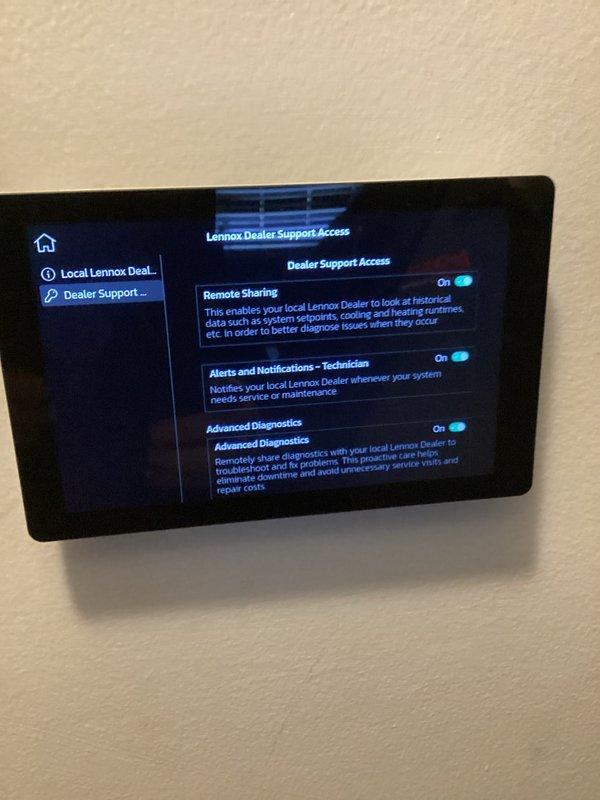 Completed 6-month maintenance service on HVAC system. Replaced 20x20x5 air filter as part of first scheduled visit. Inspected control board functionality and verified all system diagnostics through the Lennox thermostat interface, confirming Remote Sharing, Alerts/Notifications, and Advanced Diagnostics features were properly enabled for remote monitoring capabilities.