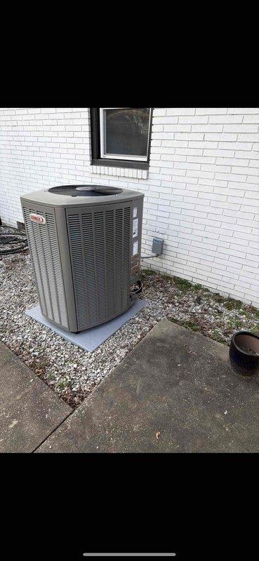 Successfully installed a 3-ton 19 SEER Lennox heat pump system in Mount Vernon, including outdoor condenser unit positioned on concrete pad with proper clearances and air handler in the basement utility room adjacent to existing water heater. All ductwork connections were properly sealed with metallic tape and system was tested for normal operation after installation.