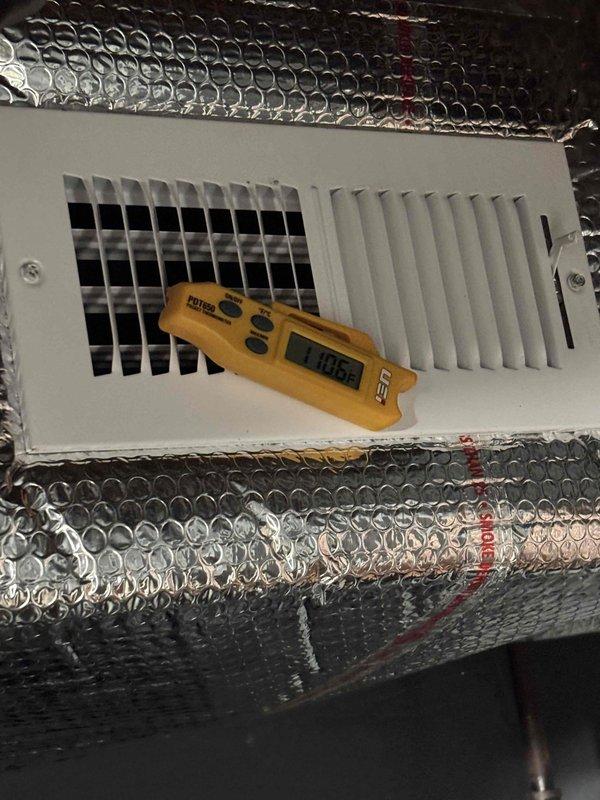 Completed annual platinum maintenance on 2-year-old system (2nd visit, renewal completed). Performed temperature testing at supply registers with readings of 106.8°F. Inspected furnace and ductwork, confirming proper insulation on circular ducts and PVC venting. Replaced 16x25x4 filter and verified system operation within manufacturer specifications.