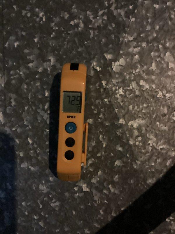 Conducted quarterly CFI maintenance (first visit). Used SPK2 meter to measure ambient temperature reading 72.5°F and verified equipment level positioning with torpedo level. All measurements within acceptable parameters.