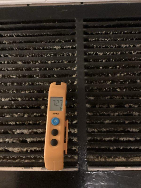 Performed quarterly maintenance service on Lennox HVAC system. Inspected and replaced 20x20x5 air filter. Temperature readings at return vent registered 72.2°F, aligning with thermostat setting. Noted significant dust accumulation on return air vent requiring attention during next scheduled maintenance.