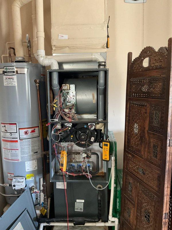 Performed routine maintenance on two HVAC systems (11 and 16 years old) for Gold Level service customer. Conducted comprehensive diagnostic testing on both furnace units, inspected internal components including circuit boards, wiring connections, and mechanical parts. Replaced 16x25x5 filter and renewed service plan as scheduled for second annual maintenance visit.