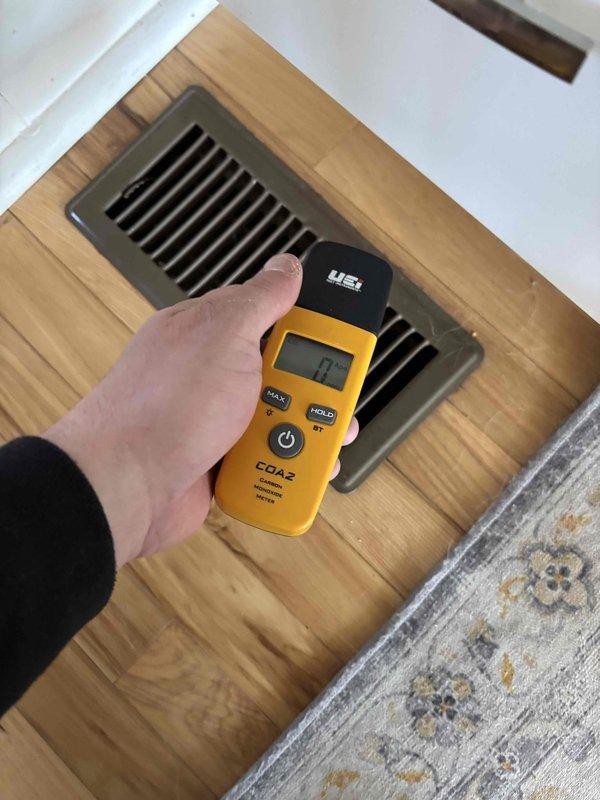 Performed routine maintenance on platinum-level HVAC system (6 years old), including air quality testing at supply registers with CO detector showing normal readings of 0 ppm. Inspected furnace unit and ductwork, noting proper sealing of connections with metal tape. System operating within normal parameters, but customer will require filter replacement (16x25x5) at next scheduled maintenance visit.