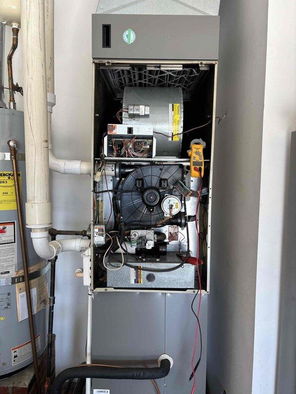 Completed annual platinum maintenance on 5-year-old HVAC system, including filter replacement and comprehensive system inspection. Conducted performance verification using UEi diagnostic equipment to test supply air temperature at floor registers. System is functioning properly with no issues detected; recommended continuing annual maintenance program.