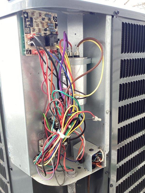 Performed scheduled maintenance on 5-year-old HVAC system (20x20x5) during second maintenance visit. Inspected interior electrical components including control board and wiring. Conducted electrical testing with clamp meter, measuring running amperage at 9.35A, which is within manufacturer specifications. System operating normally with no immediate concerns identified.