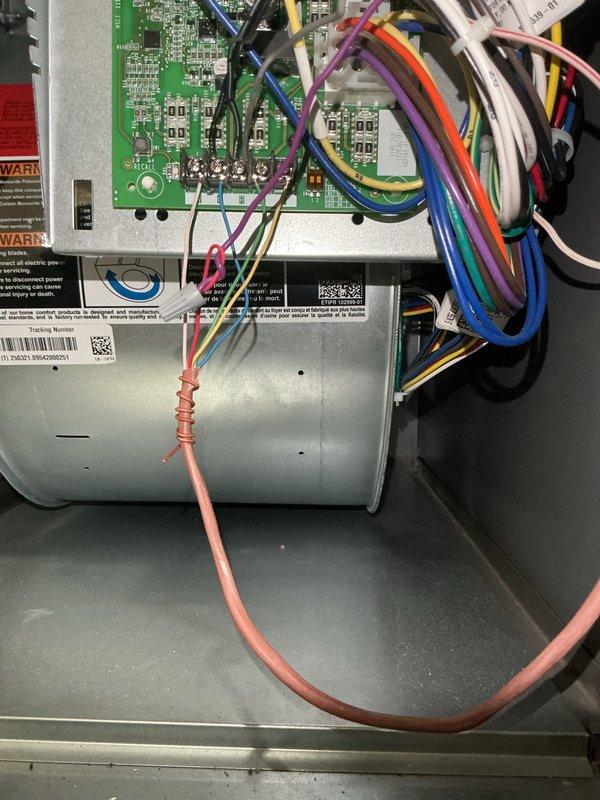 Performed annual platinum-level maintenance on three HVAC systems (7 months old) during new system startup. Conducted airflow measurements with Fieldpiece diagnostic tool, recording readings of 32.1 CFM at supply registers. Inspected control board and wiring connections in air handler, confirming proper electrical connections and component integrity across the multi-colored wire harness. All systems functioning within manufacturer specifications.