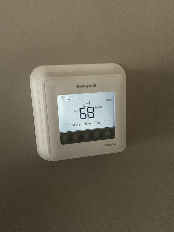 Completed monthly maintenance on 6-year-old Gold Level single system. Inspected Honeywell ProSeries thermostat confirming proper heat operation at 68°F. Replaced pleated air filter and verified system functionality. System is operating normally with no issues identified.