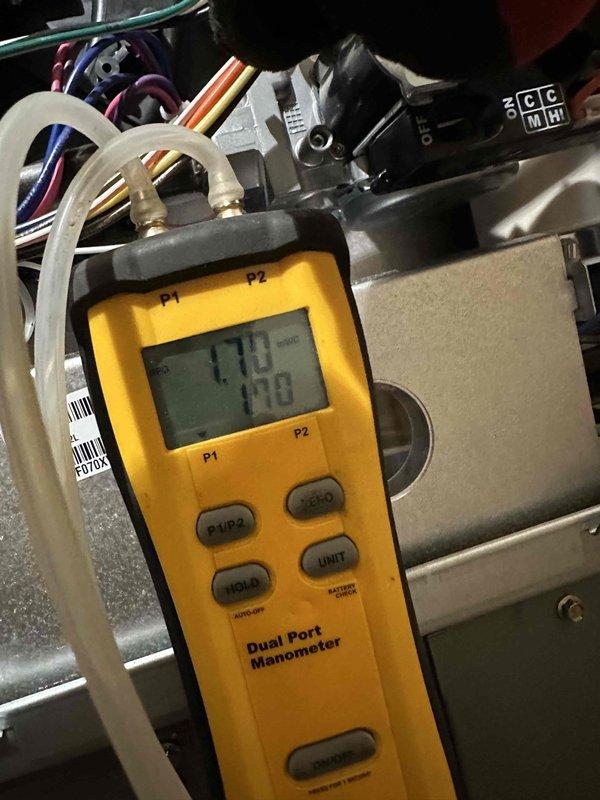 Completed installation of a 2.5 ton Rheem system with 15.5 SEER rating and 97% efficiency furnace. Performed comprehensive pressure testing using dual port manometer, with initial readings of 170/178 and final stabilized readings of 35.2/35.9, confirming proper system operation. System successfully commissioned and verified to manufacturer specifications.