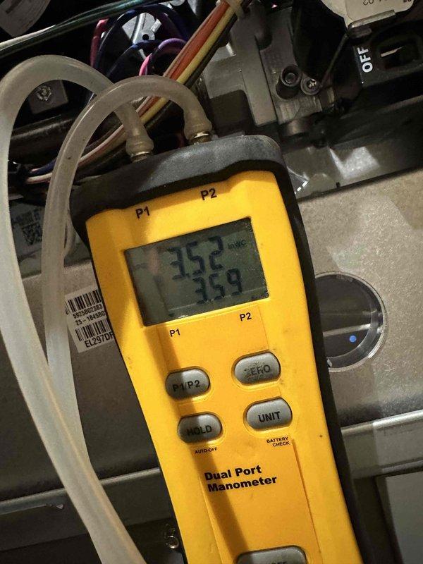 Completed installation of a 2.5 ton Rheem system with 15.5 SEER rating and 97% efficiency furnace. Performed comprehensive pressure testing using dual port manometer, with initial readings of 170/178 and final stabilized readings of 35.2/35.9, confirming proper system operation. System successfully commissioned and verified to manufacturer specifications.
