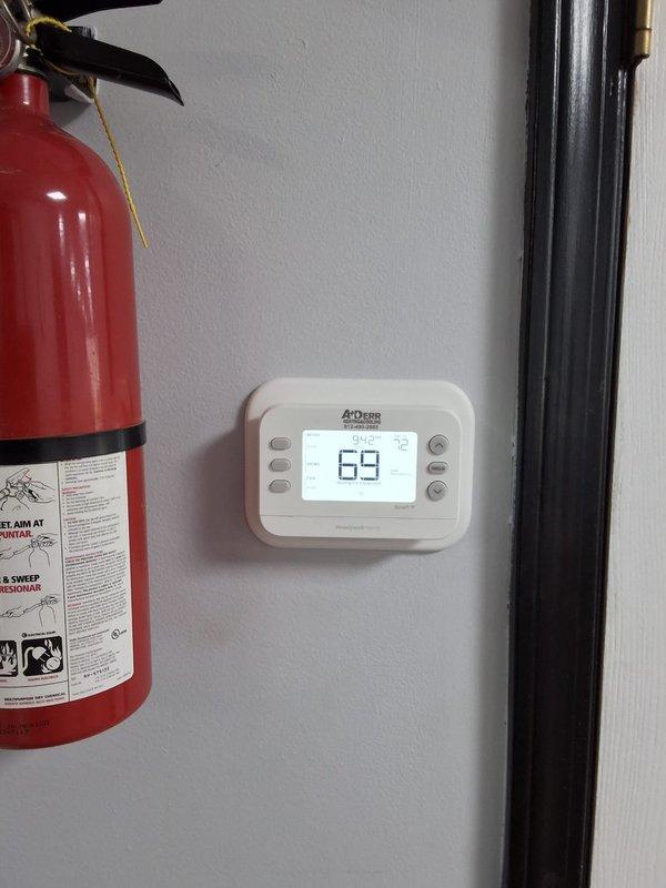 Responded to service call for a 1-year-old electric heating system not responding to heat commands. Diagnosed thermostat malfunction causing incorrect temperature readings and failure to initiate heating cycle. Replaced defective thermostat and verified proper system operation with successful heat call response.