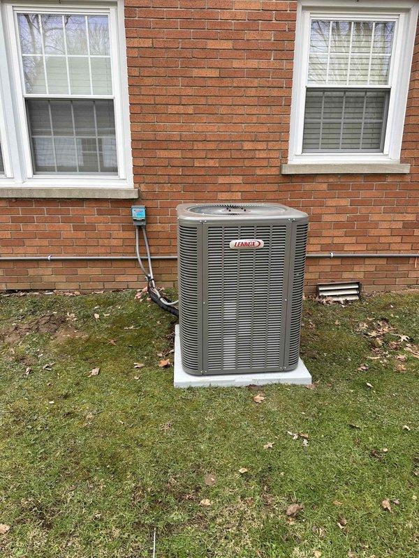 Completed installation of a 3-ton Lennox HVAC complete system in a downstairs/basement location. Installed new outdoor condenser unit on concrete pad with proper line connections to the home. Set up interior furnace unit with PVC ventilation pipes and connected to existing ductwork in the utility area.