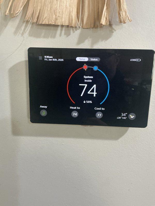 Performed scheduled 6-month maintenance including replacement of 16x25x5 filter. Inspected PCB control board and connections for proper operation. Investigated noise complaint from outdoor unit, finding no abnormal operating conditions. Verified thermostat functionality with system maintaining proper temperature (74°) and humidity levels (56%).