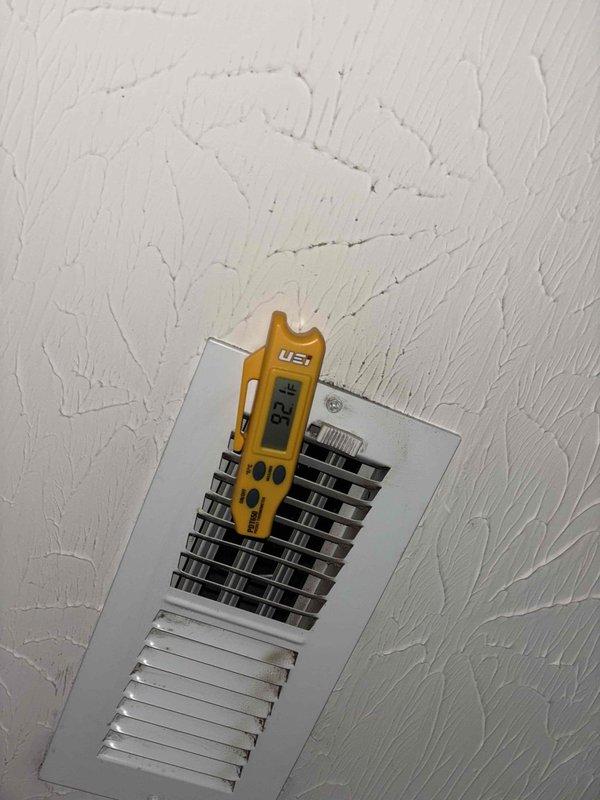 Performed monthly planned maintenance on 10-year-old CFI HVAC system. Measured supply air temperature (92.6°F) at ceiling register and inspected electrical connections and relays. All components functioning within normal parameters after service.