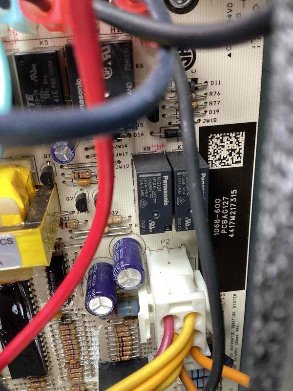 Responded to no heat call for 7-year-old system that was not initiating heating cycle when thermostat called for heat. Upon inspection, discovered significant debris accumulation at unit base and corrosion issues. Diagnosed faulty control board with damaged relay components and compromised electrical connections. Replaced control board, cleaned system components, and verified proper operation with successful heating cycle initiation.