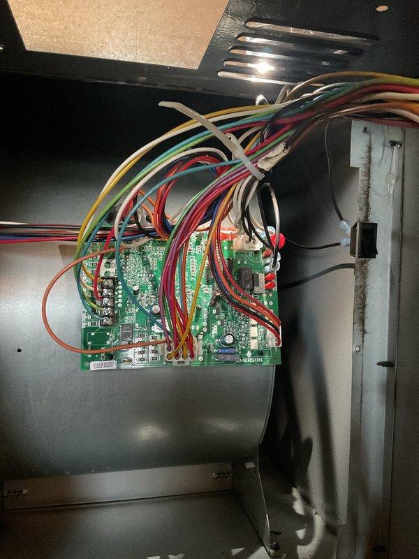 Responded to no-heat call for 5-year-old system. Diagnosed faulty control board causing system failure despite thermostat showing heat mode active. Replaced circuit board, restoring proper communication between thermostat and furnace components. System now functioning correctly with normal airflow and heating operation.