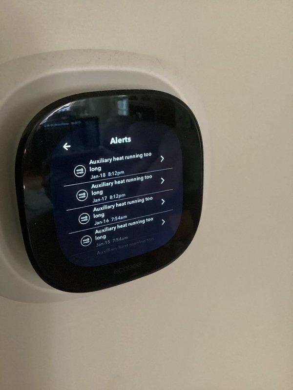 Responded to customer complaint regarding auxiliary heat malfunction. Inspection revealed excessive runtime alerts on the ecobee thermostat system, indicating potential control or relay issues. After examining the control panel wiring and connections, repaired faulty auxiliary heat relay and reorganized crossed wiring to restore proper heat sequence operation.