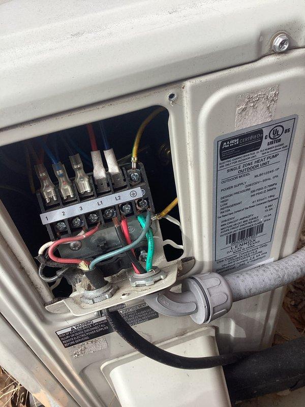 Performed monthly maintenance on Platinum Level system, including replacement of 16x25x5 filter per schedule. Conducted electrical diagnostic testing using Fieldpiece multimeter to verify proper voltage and connections. Inspected and confirmed secure termination of all wiring at the terminal block (connections 1, 2, 3, L1, L2) in the outdoor unit's electrical panel, with all colored conductors properly seated and connected.