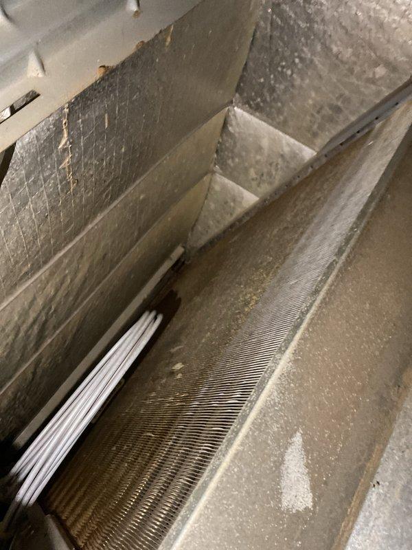 Completed annual Gold Level maintenance service on a 10-year-old HVAC system. Removed and cleaned floor vents that showed significant dust accumulation, and inspected interior ductwork which displayed dirt buildup on metal surfaces. Replaced the 20x20x5 filter as part of the scheduled first visit maintenance protocol.