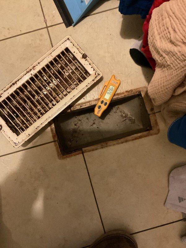 Completed annual Gold Level maintenance service on a 10-year-old HVAC system. Removed and cleaned floor vents that showed significant dust accumulation, and inspected interior ductwork which displayed dirt buildup on metal surfaces. Replaced the 20x20x5 filter as part of the scheduled first visit maintenance protocol.