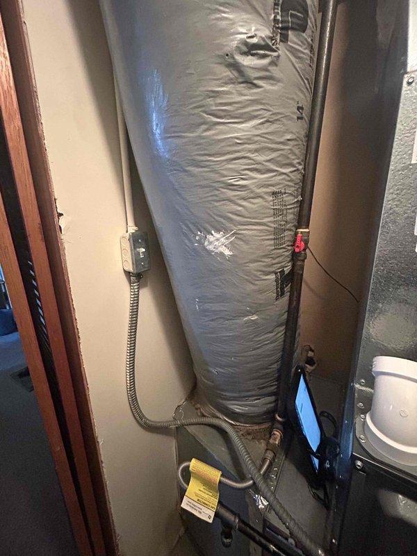 Performed scheduled maintenance on HVAC system and identified issue with humidifier failing to shut off. Inspected attic supply line and found water damage on adjacent wall. Repaired humidifier control valve and confirmed proper cycling operation before completing service.