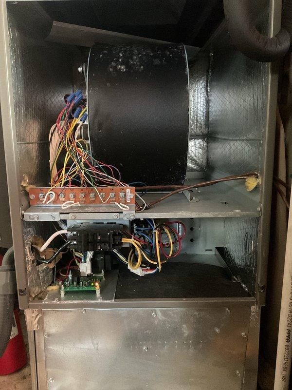 Performed annual maintenance on 2-year-old Platinum Level HVAC system with 20x20x5 filter during first service visit. Inspected blower motor assembly which showed dust accumulation requiring cleaning. Conducted electrical diagnostic testing on control board and capacitor, verifying proper connections and component functionality in both indoor air handler and outdoor condensing unit.