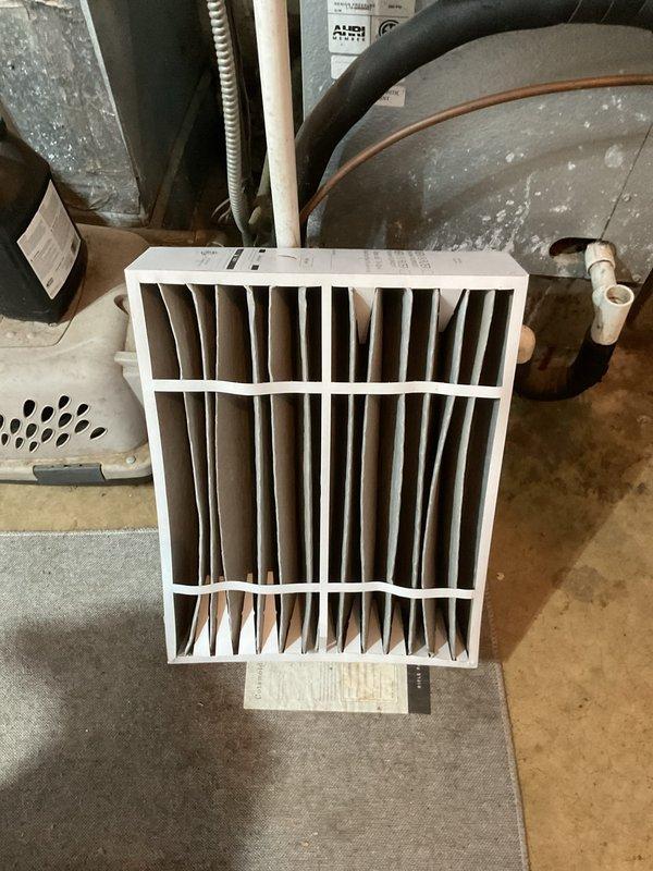 Completed annual Platinum Level maintenance service on two HVAC systems (7 and 9 years old). Replaced both air filters (16x20x5 and 20x20x5) which showed significant dust accumulation. Inspected furnace electrical components, circuit board, blower motor, and gas valve assembly; all systems functioning properly and ready for continued operation.