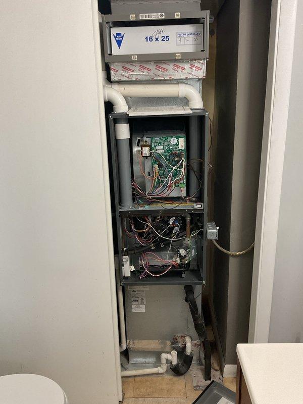 Performed scheduled Gold Level maintenance on 3-year-old residential HVAC system. Inspected and replaced 16x25x5 filter, verified proper operation of all electrical components including circuit board connections, and checked condensate drain lines for proper drainage. Also examined water filtration system, confirming proper installation and operation of filter housing and associated valves.