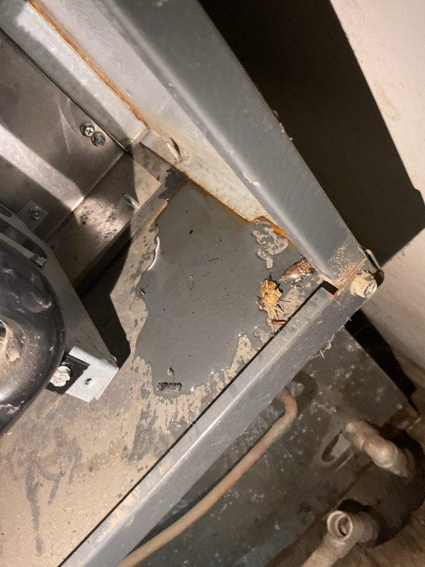 Responded to service call for 6-year-old dual-system HVAC unit where downstairs unit was automatically switching from heat to cooling mode without user input. Diagnostic testing revealed significant corrosion and deterioration at connection points, particularly at the control board junction. Repaired damaged wiring connections and replaced corroded terminals to restore proper thermostat communication, successfully resolving the mode-switching issue.