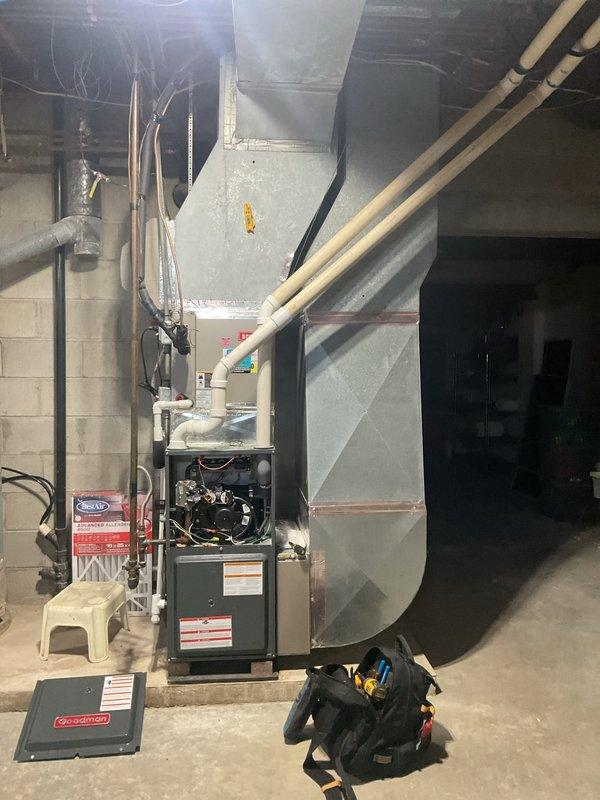 Responded to no heat call for 6-year-old system with downstairs unit not producing airflow. Upon inspection of the furnace, found faulty control board causing system failure. Replaced control board, verified proper operation of blower motor and heating components, and confirmed system now maintaining proper temperature differential between thermostat setting and ambient temperature.