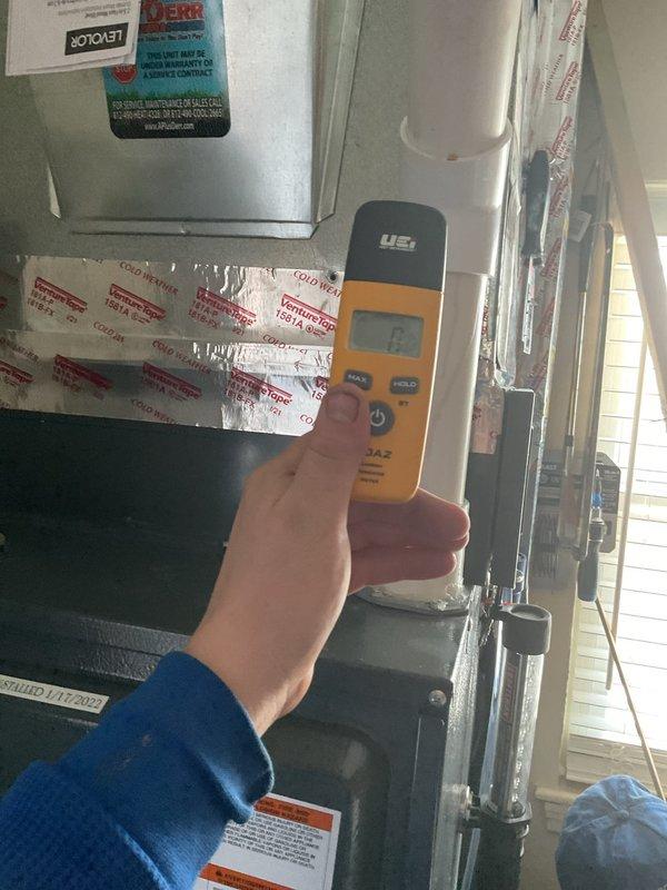 Responded to emergency call for carbon monoxide alarm activation in residence with 4-year-old HVAC system. Conducted comprehensive gas leak detection using UEI digital analyzer, which recorded elevated CO readings of 62 PPM. Testing at supply registers confirmed gas distribution through the duct system. Located and repaired leak source, restored system to safe operating parameters, and verified normal CO levels before completing service.