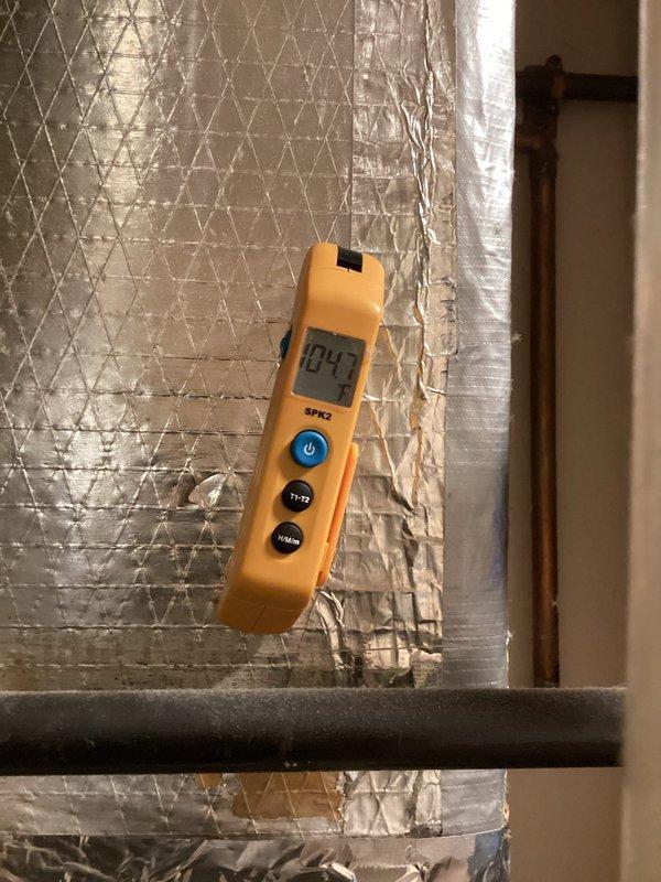 Performed scheduled Platinum Level maintenance on client's HVAC system (3 years old). Replaced 16x25x1 filter during first monthly visit. Temperature readings taken with SPK2 meter showed system operating at 104°F, within normal parameters. Inspected ductwork insulation for proper sealing and integrity.